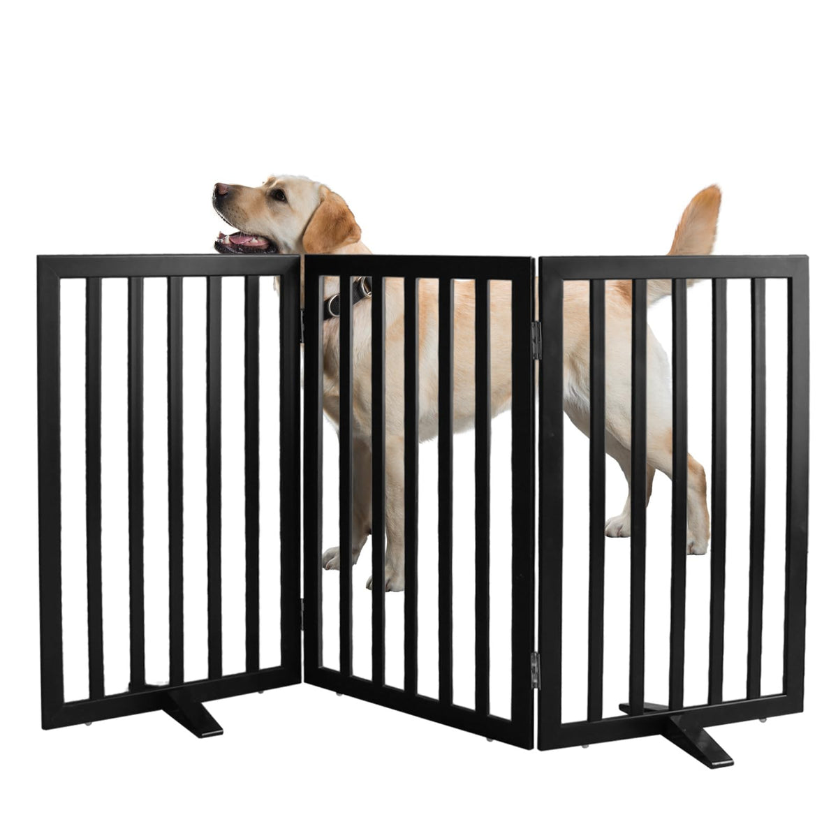 ZJSF freestanding dog gate in cedar wood with easy hallway setup.
