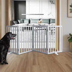 ZJSF freestanding pet gate in wood panels provides quick doorway safety.