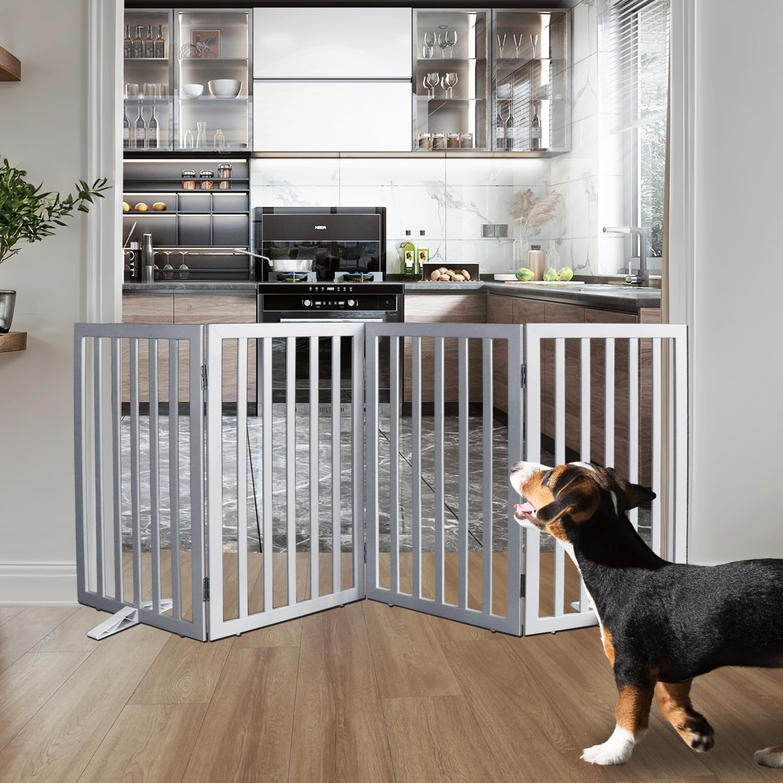 ZJSF puppy gate with four panels expands to fit wide hallways.