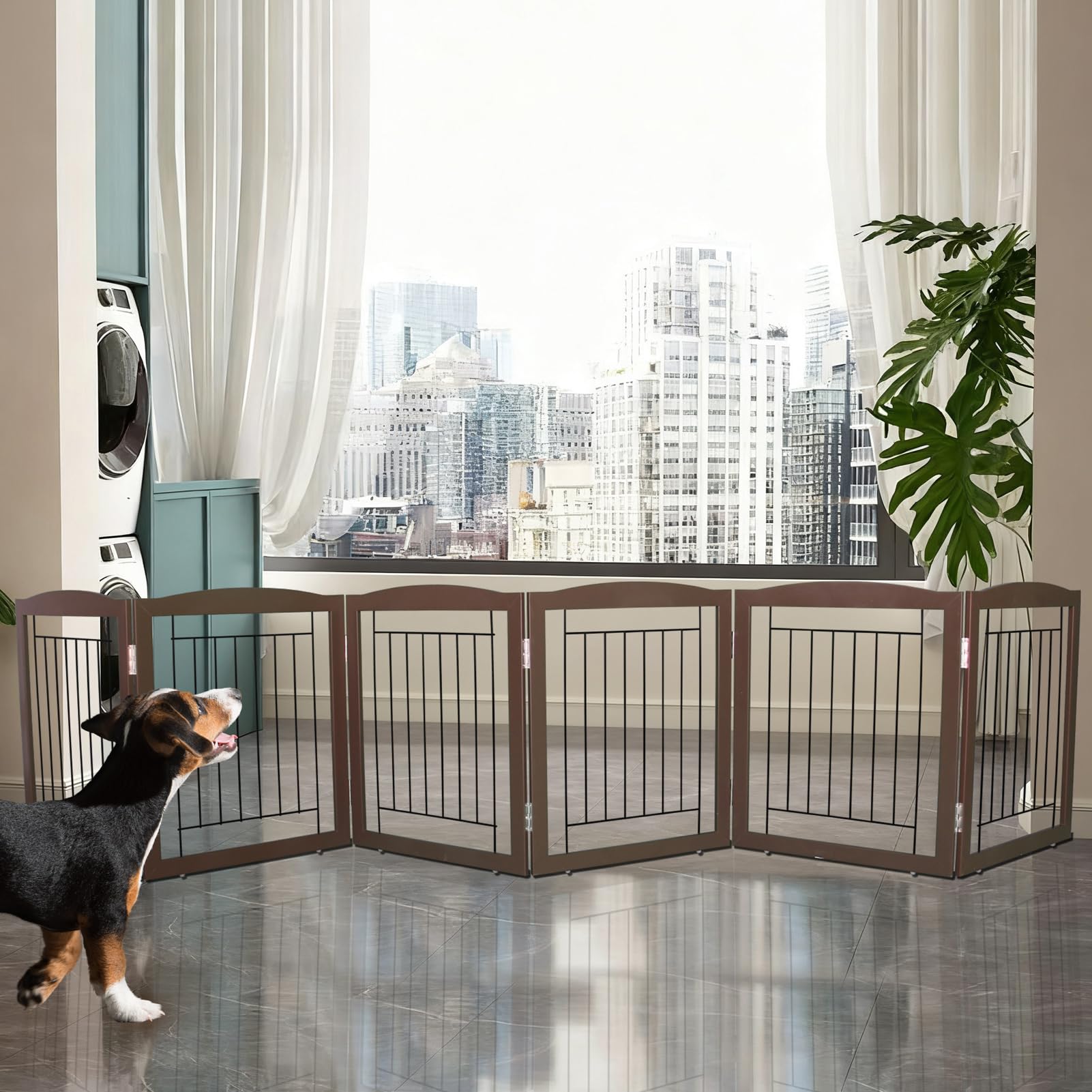 ZJSF wooden brown pet gate six panels fits stylishly in homes