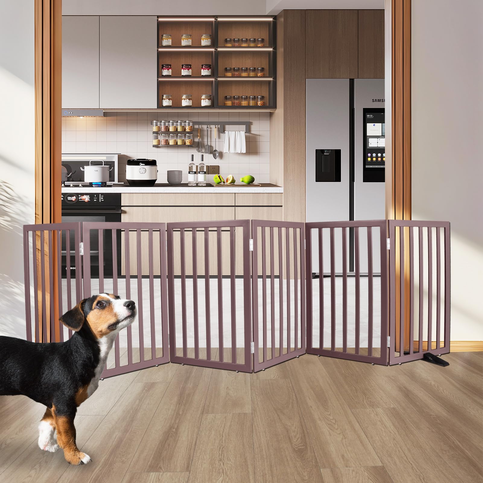 ZJSF wooden pet gate shown collapsed for easy storage