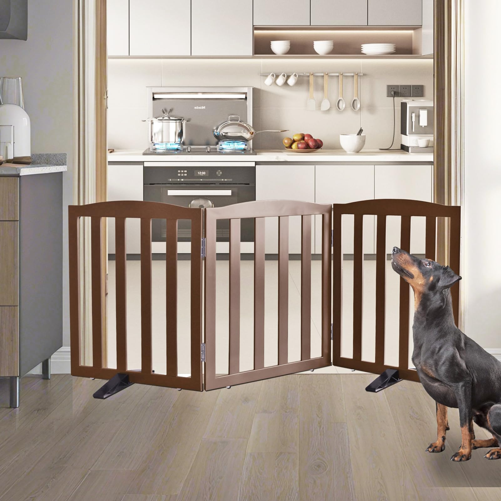 ZJSF wooden pet gate on stairs demonstrates secure, freestanding placement for multi-level homes.
