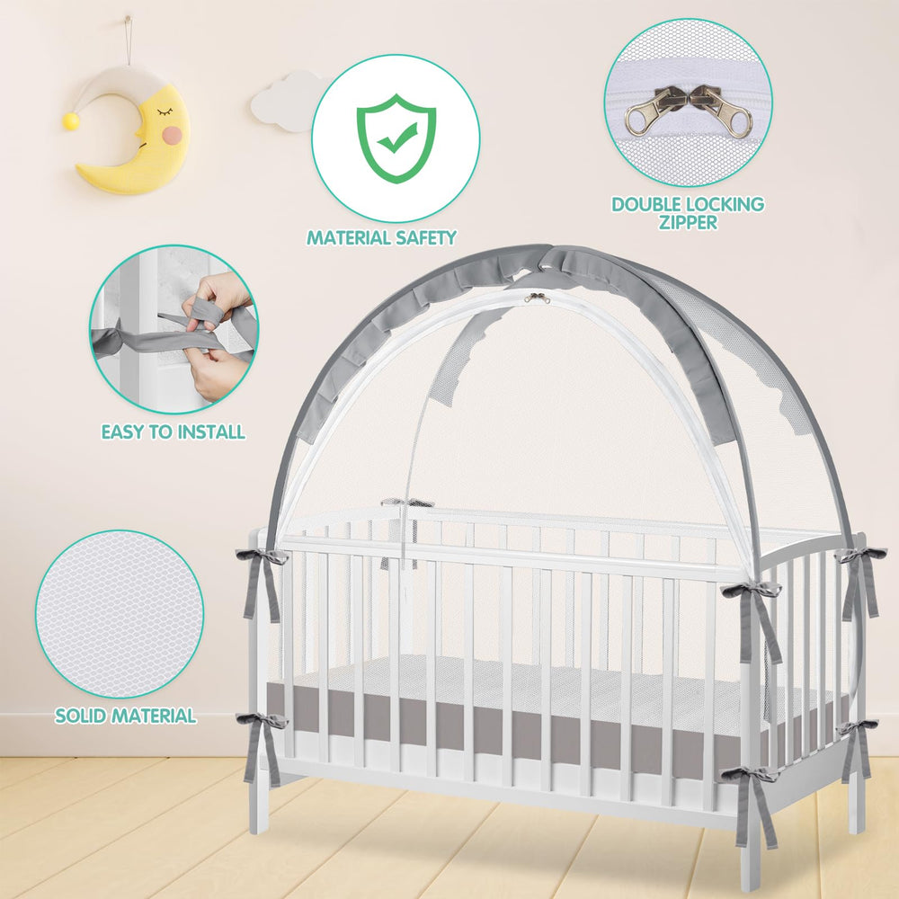 Zkaitoy crib tent double zipper prevents access from inside for safer containment.
