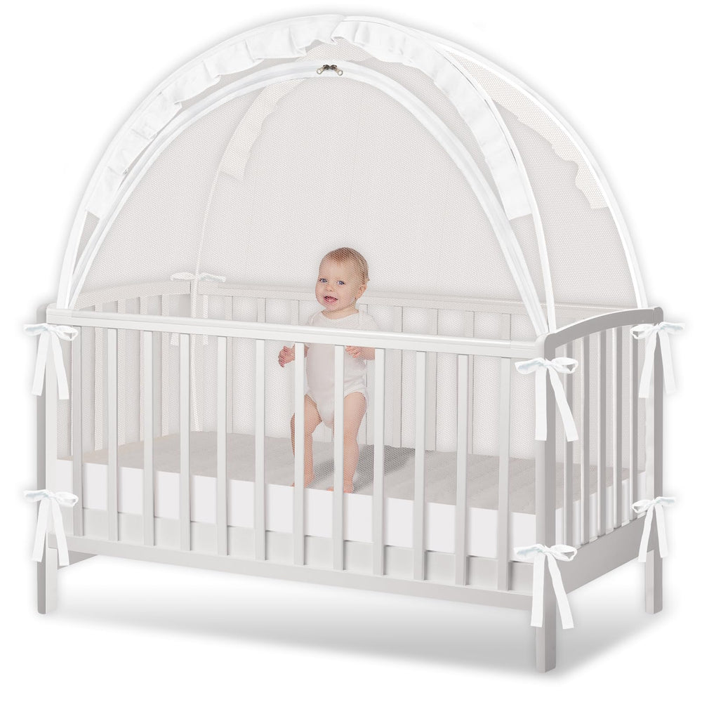 Zkaitoy Crib Tent pops up instantly for quick containment.