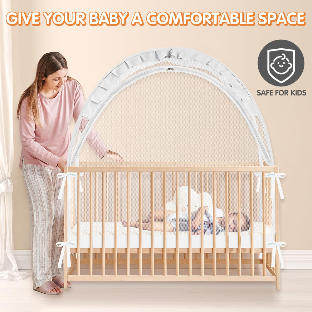 Zkaitoy crib tent white Lager nursery; blends with decor.