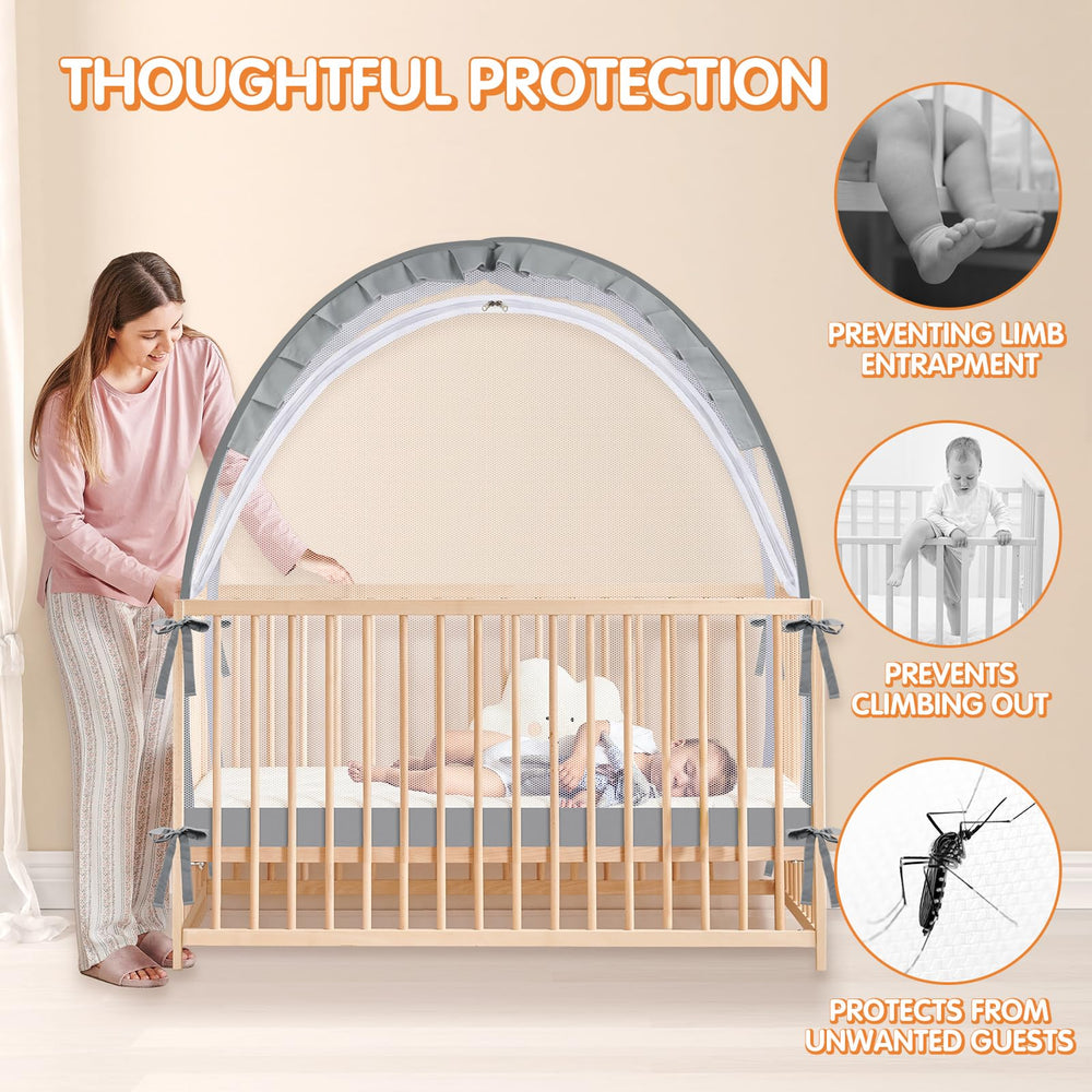 Zkaitoy Crib Tent breathable mesh highlights airflow for baby comfort during naps.