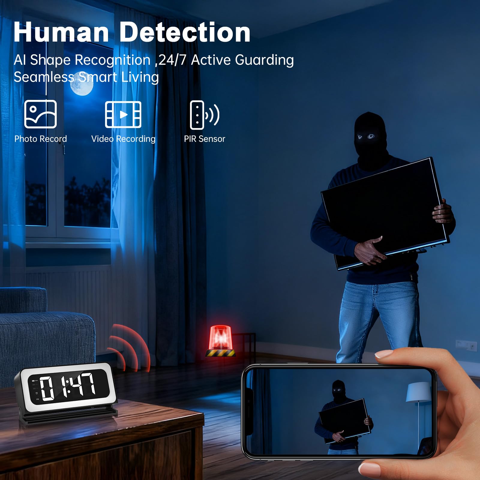 ZKCAI 2K Smart Clock Camera AI detection highlights human-movement alerts.