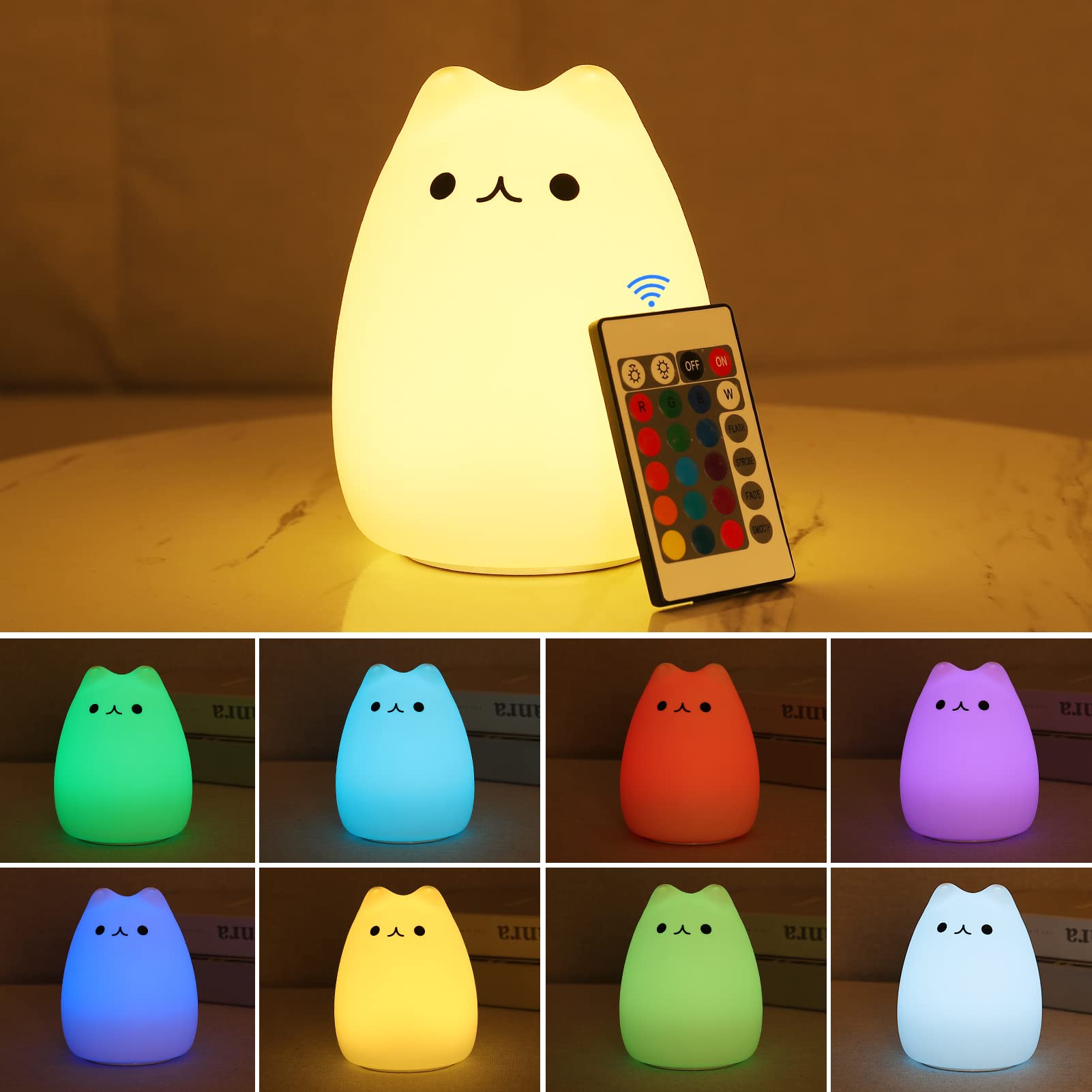 ZKLiLi warm-white cat night light casting soft glow for diaper changes.