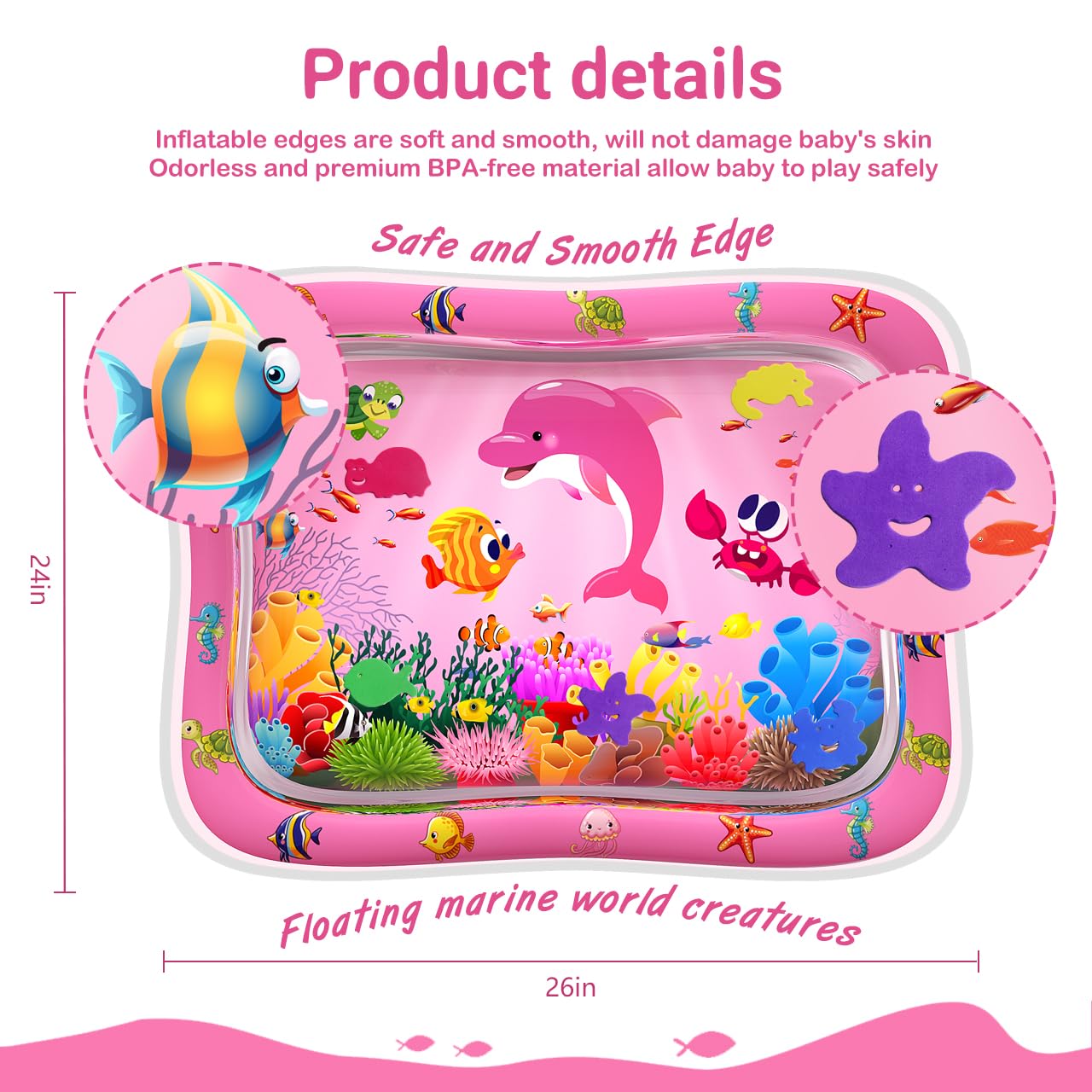 ZMLM pink water mat 26x24 inches supports tummy time exploration.