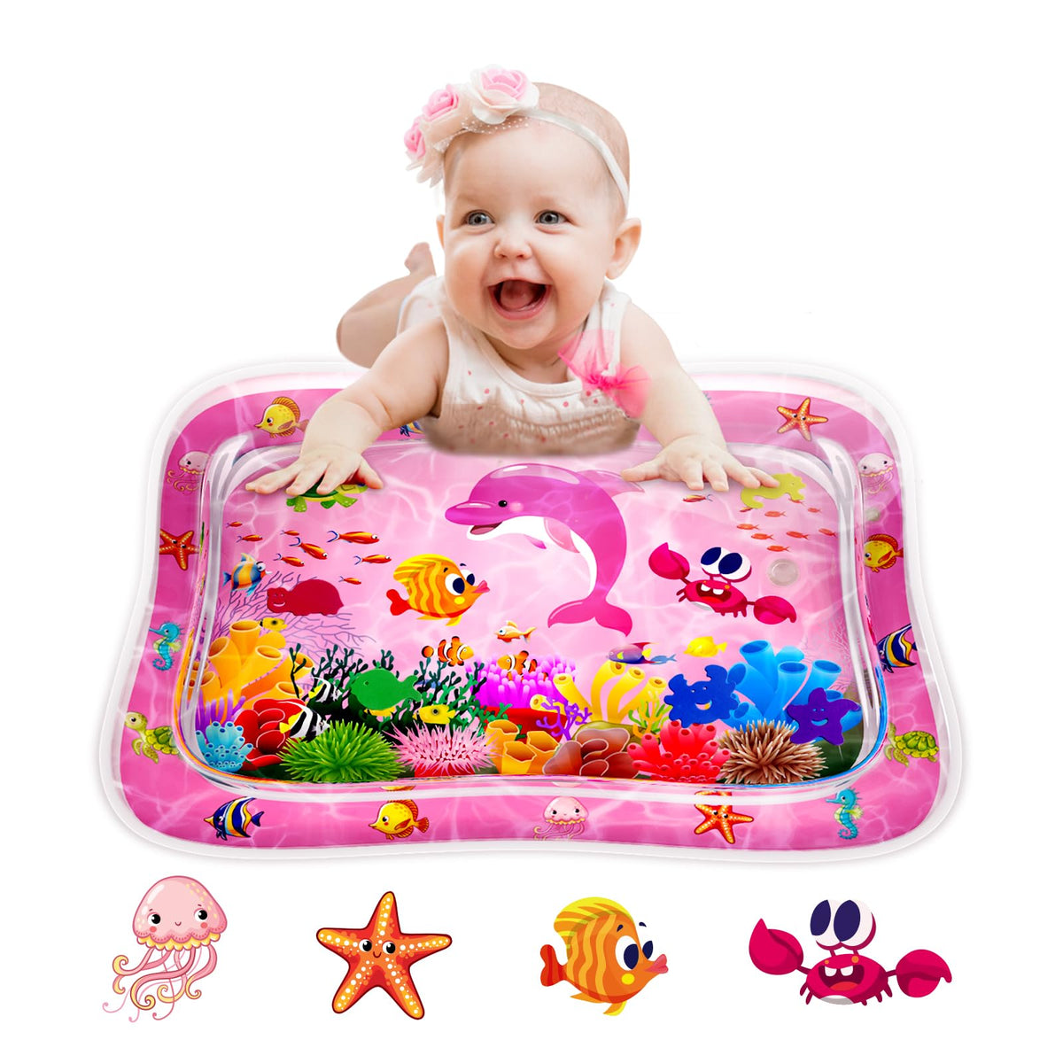 ZMLM baby tummy time water mat pink close-up for sensory play.