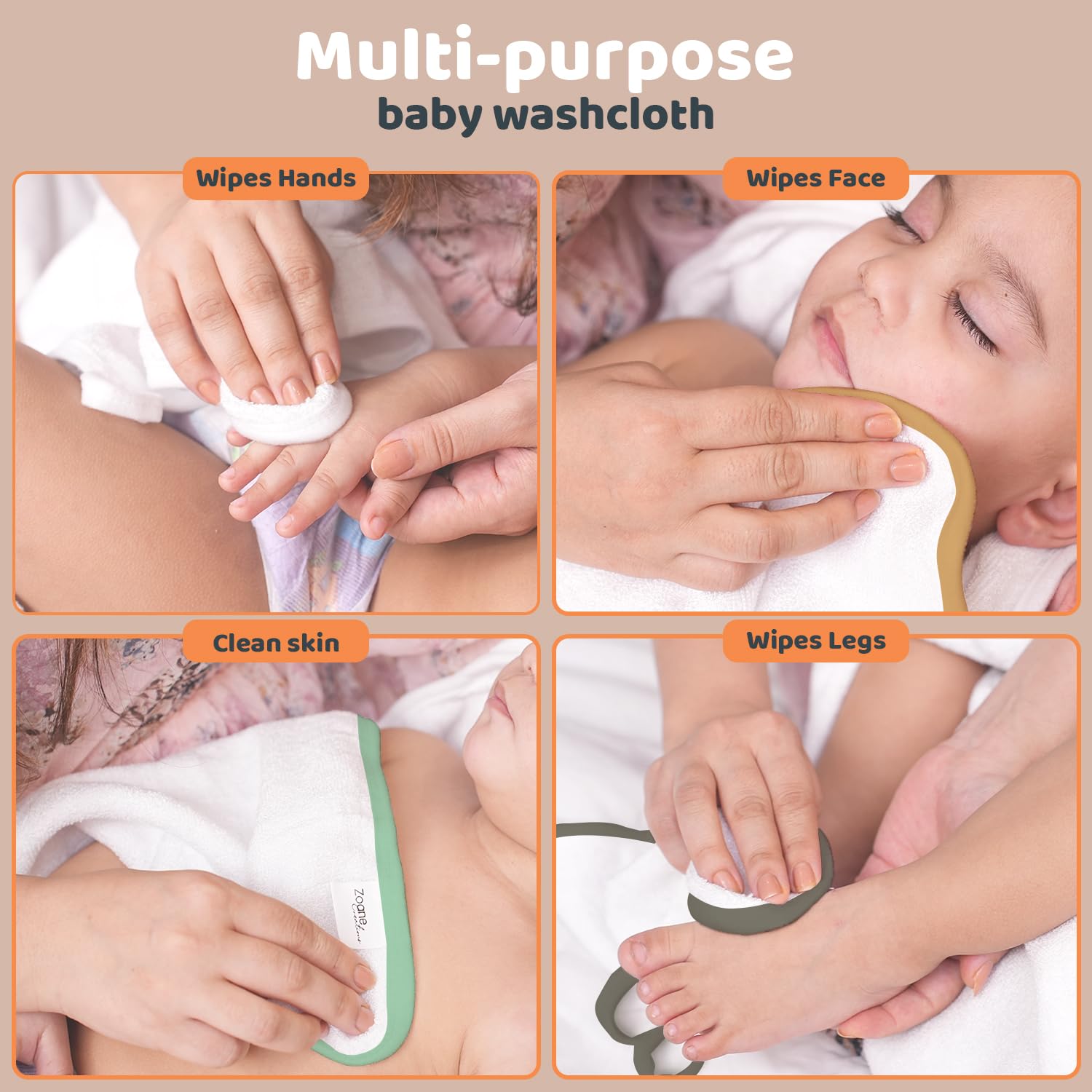 Zoane Creations baby bath time scene—soft plush cloths for gentle cleansing and daily routines