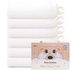 Zoane Creations premium baby wash cloths pack of 6 white—gentle everyday bath time essential.