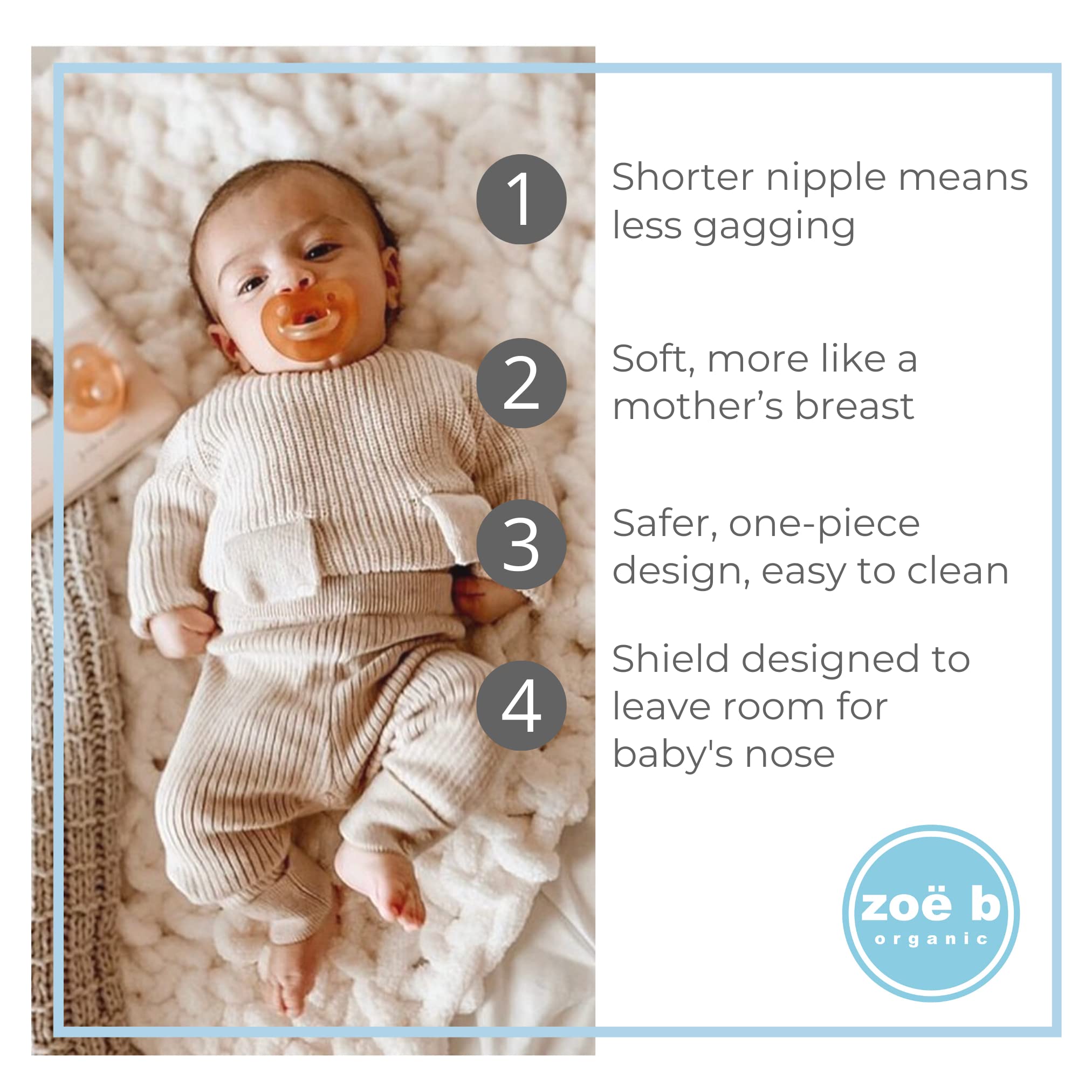 Zoë b Organic Simply Rubber Pacifier orthodontic nipple designed for teething phases