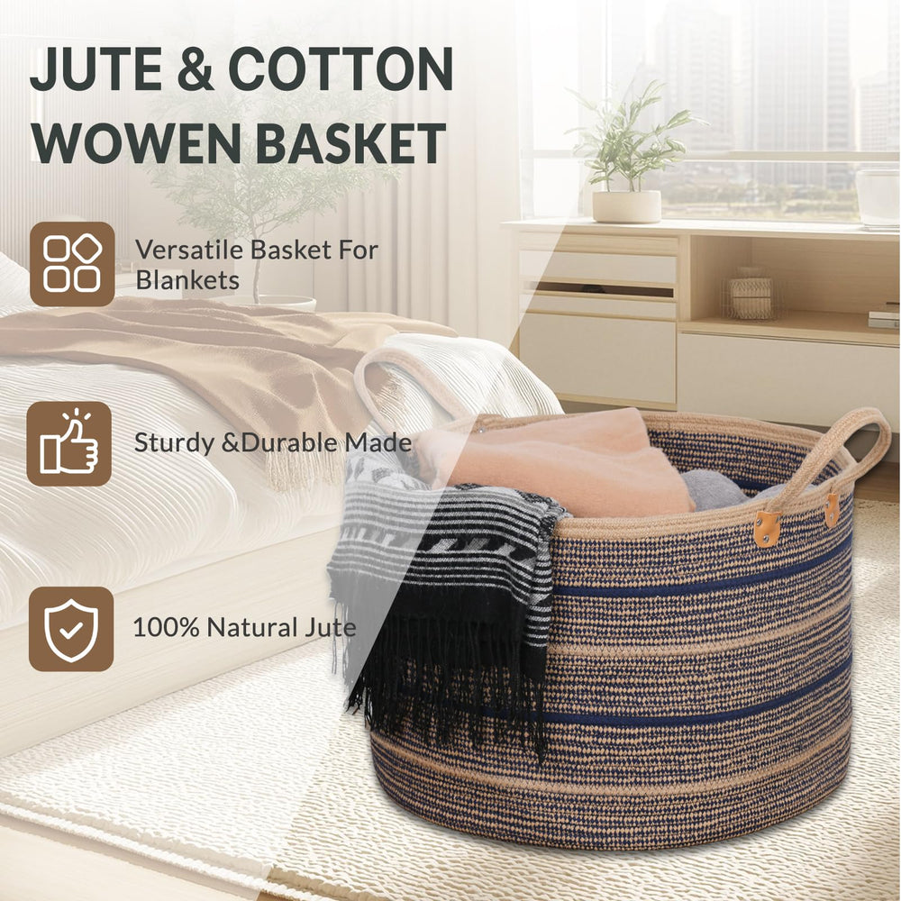 ZOES HOMEWARE sapphire blue basket closeup weave highlights natural jute softness.