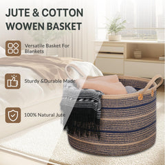 ZOES HOMEWARE sapphire blue basket closeup weave highlights natural jute softness.
