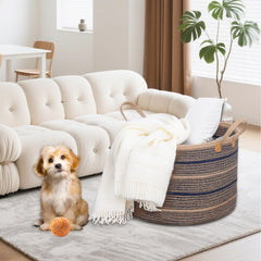 ZOES HOMEWARE sapphire blue basket handles for easy room to room transport.