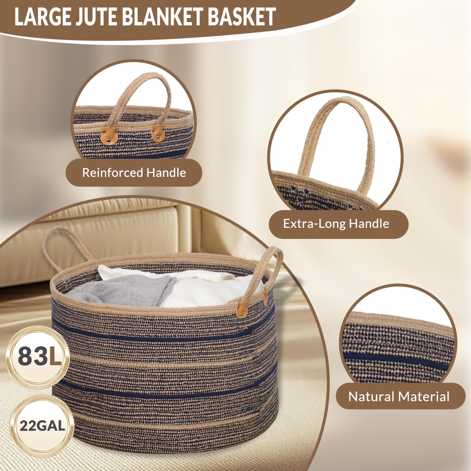 ZOES HOMEWARE sapphire blue basket in living room adds chic storage.