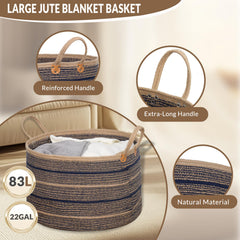ZOES HOMEWARE sapphire blue basket in living room adds chic storage.