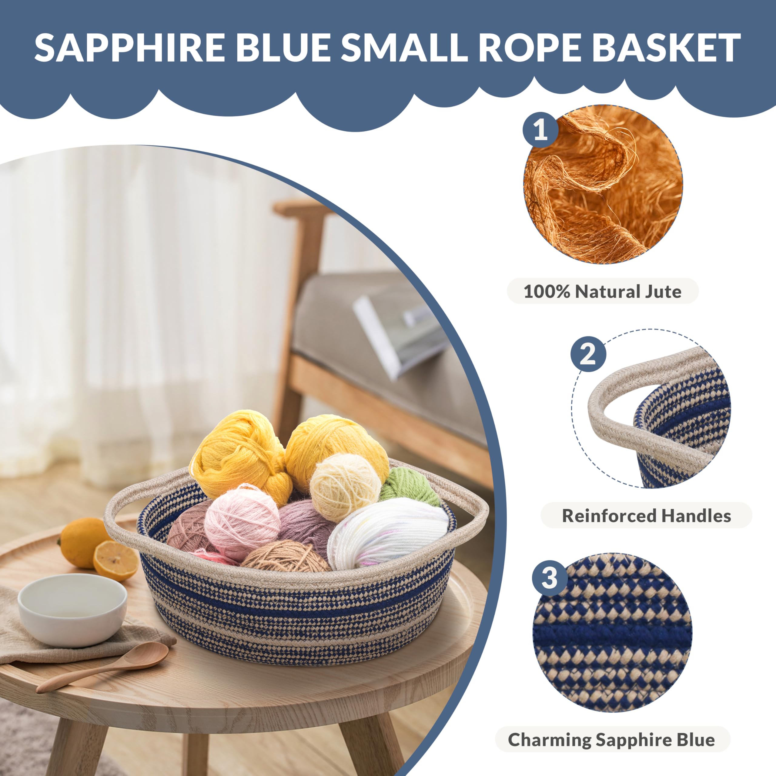 ZOES HOMEWARE Sapphire Blue Small Basket filled with toys for tidy living room storage