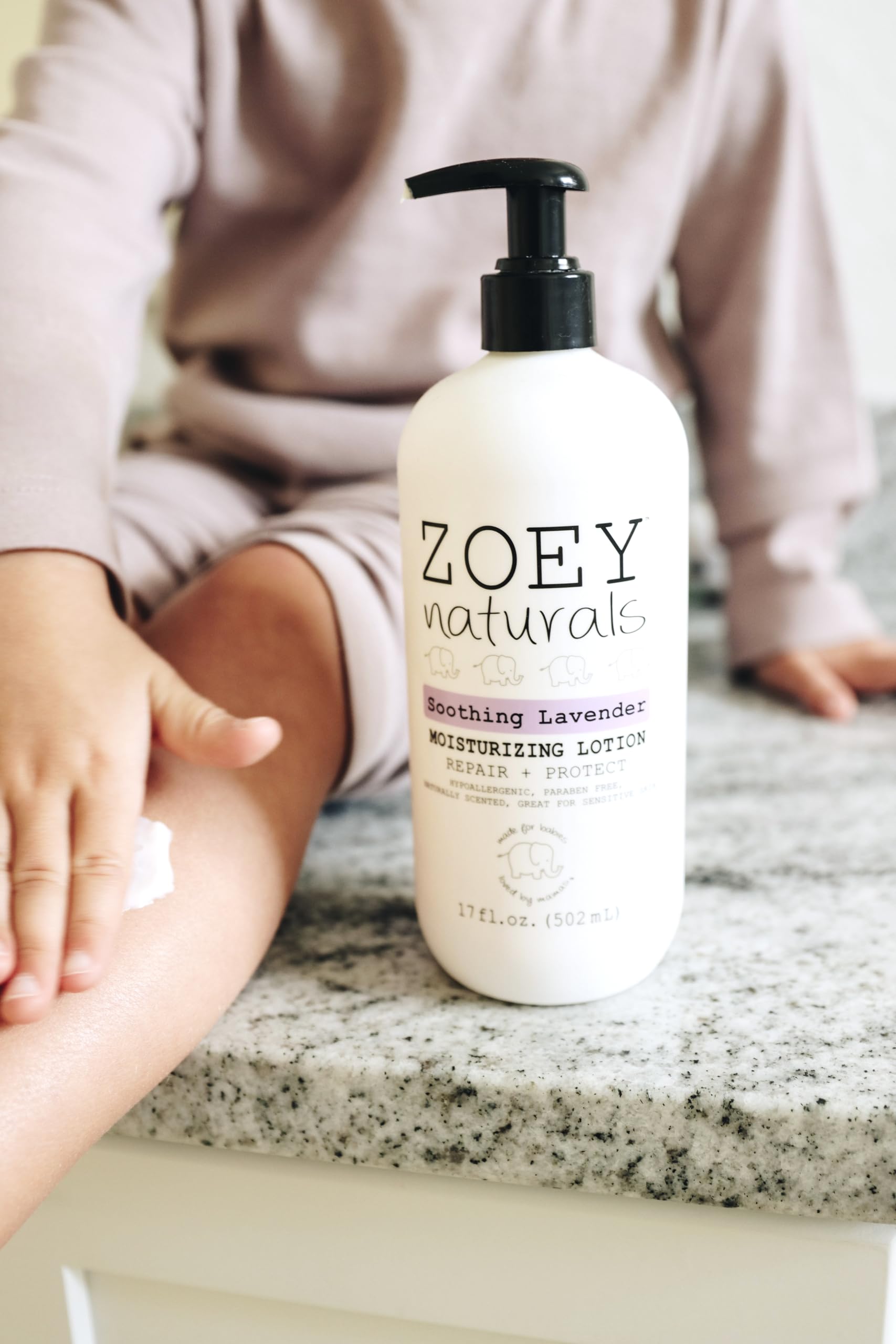 Zoey Naturals lavender lotion application on baby skin supports calming routines.