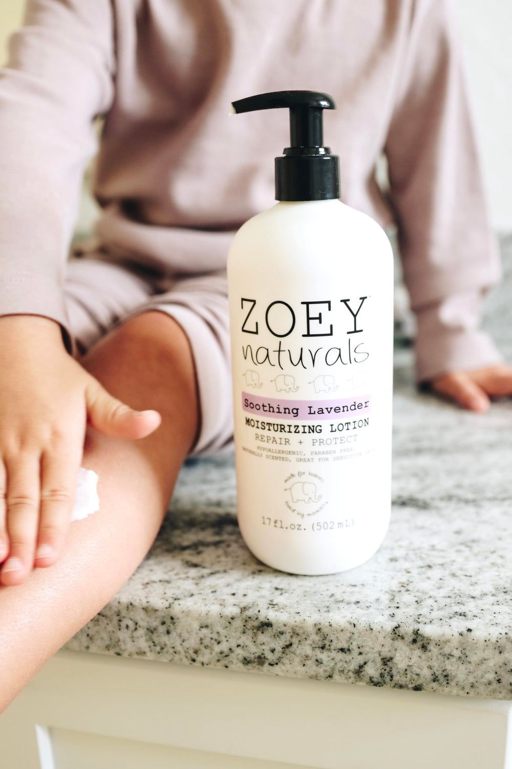 Zoey Naturals lavender lotion application on baby skin supports calming routines.