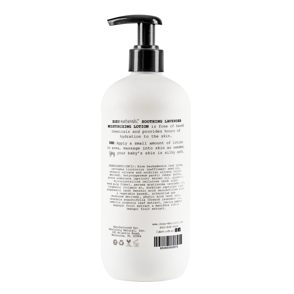 Zoey Naturals lavender lotion ingredients—aloe, avocado, and shea promote soothing hydration.