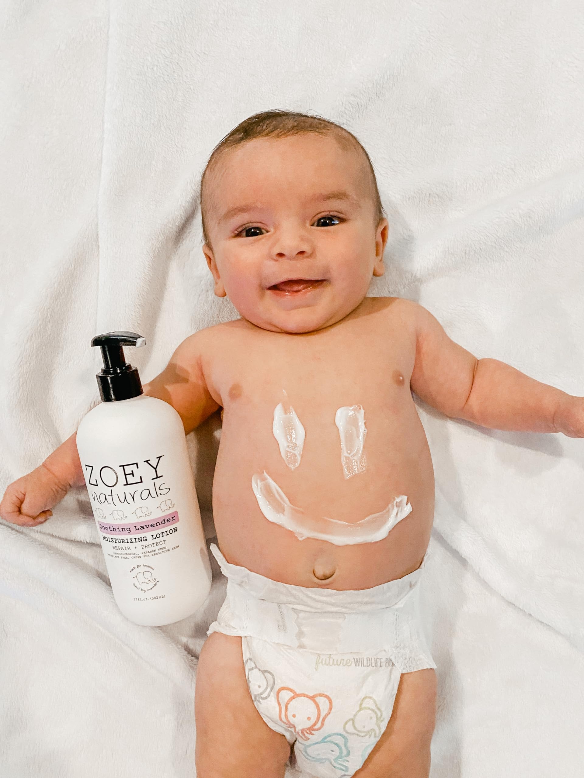 Zoey Naturals lavender lotion texture closeup shows creamy, hydrating formula.