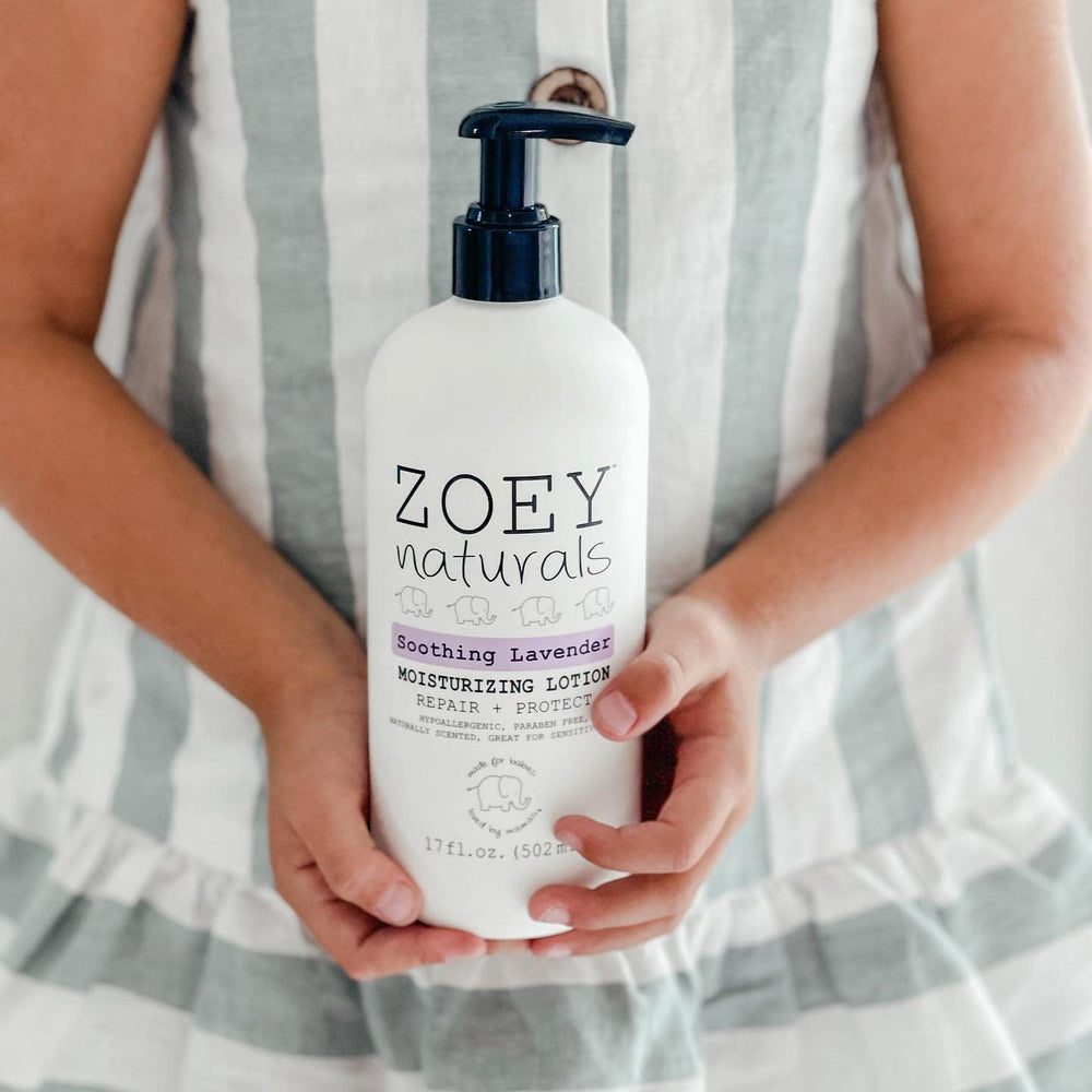 Zoey Naturals lavender lotion label front highlights natural ingredients for sensitive skin.