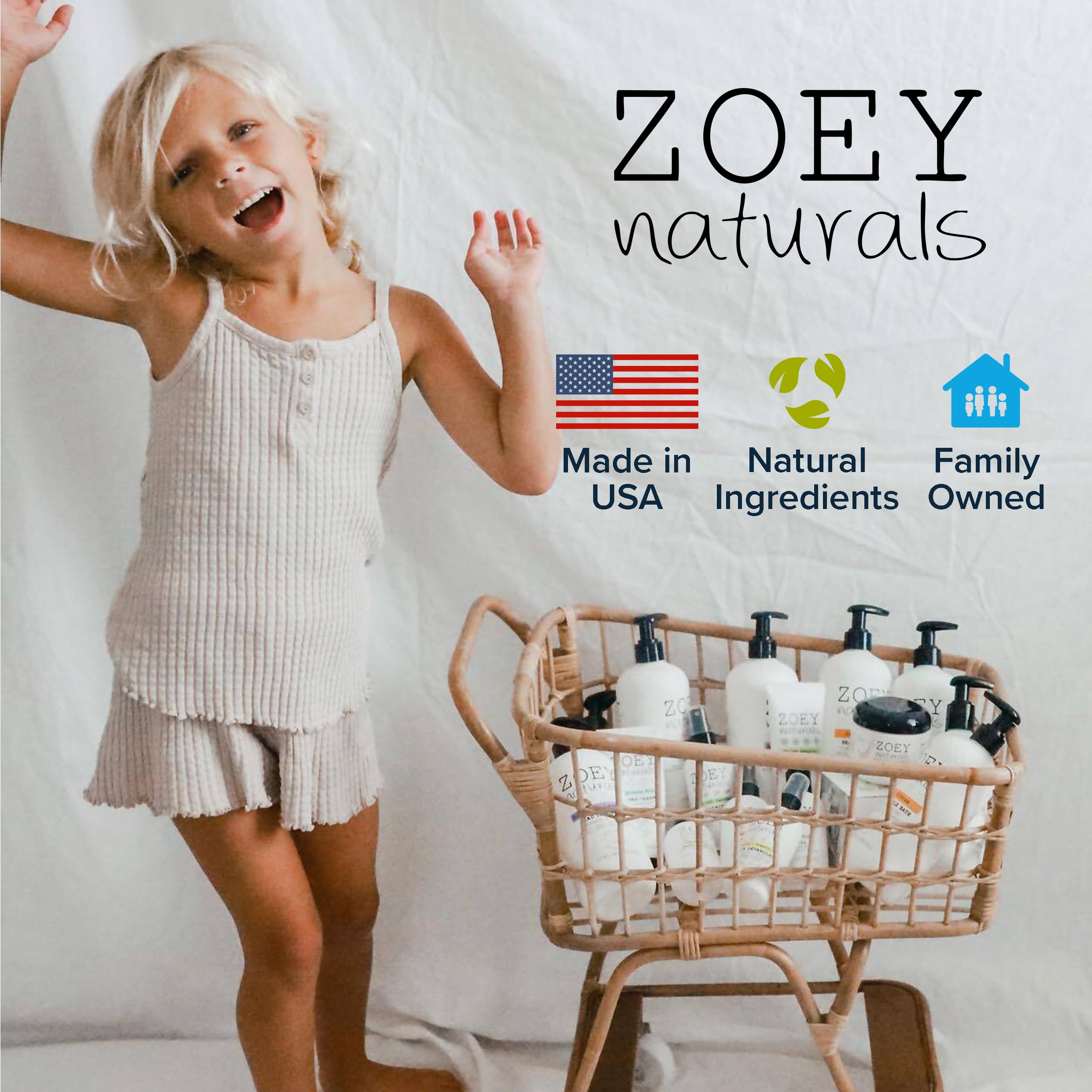 Zoey Naturals Sweet Citrus ingredients featuring orange, cucumber, melon, and pomegranate for gentle hydration.