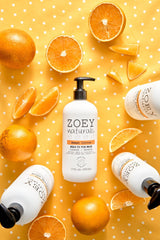 Zoey Naturals tear-free formula close-up emphasizes mild cleansing for eyes and skin.