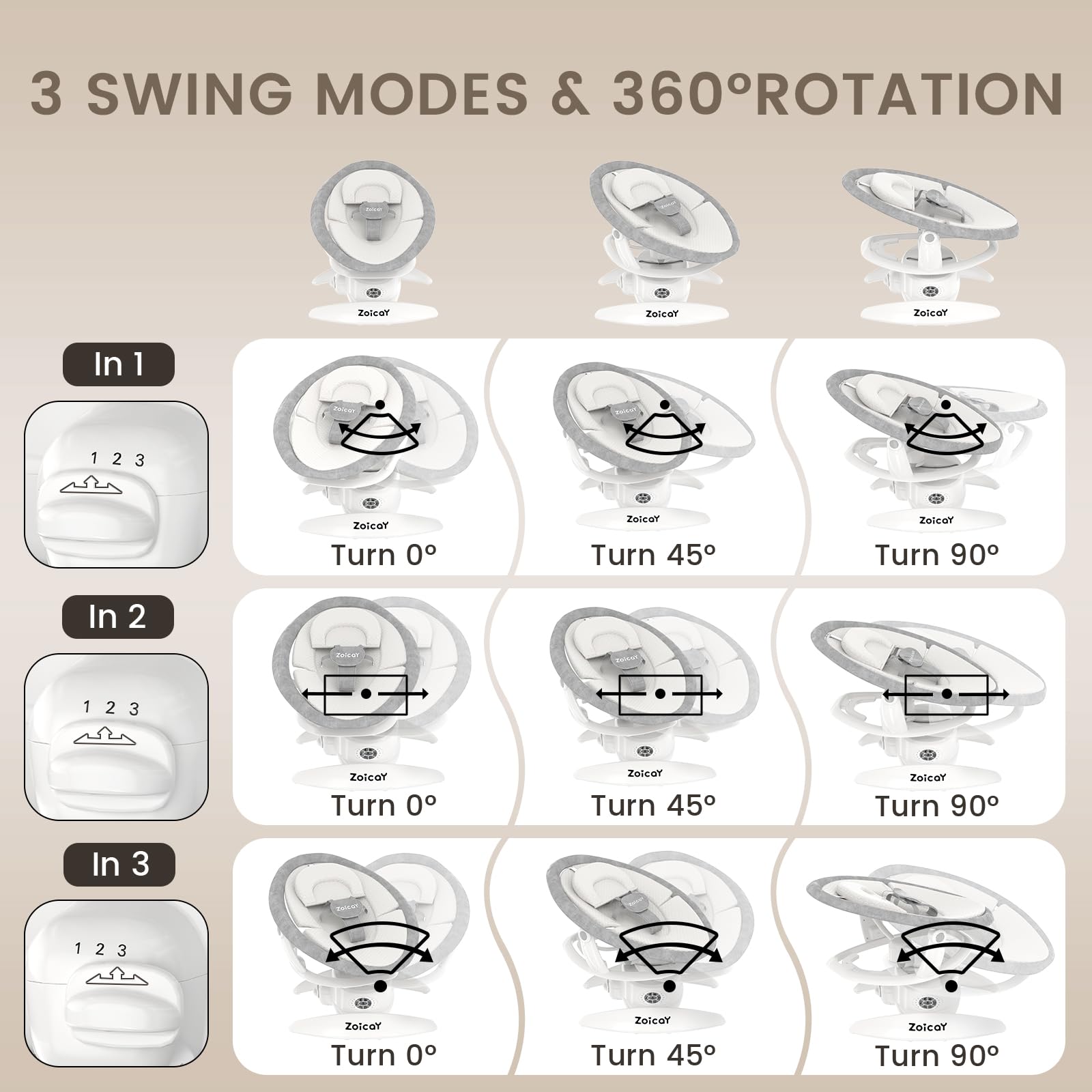 Zoicay 3 modes swing offers swing, rocker, and stationary seating variations.