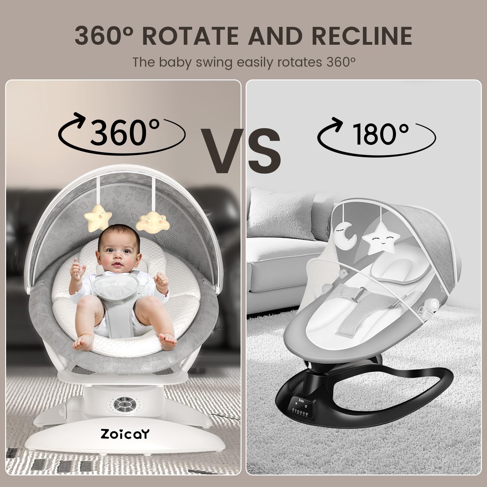 Zoicay 360° rotating seat lets you soothe from any angle.