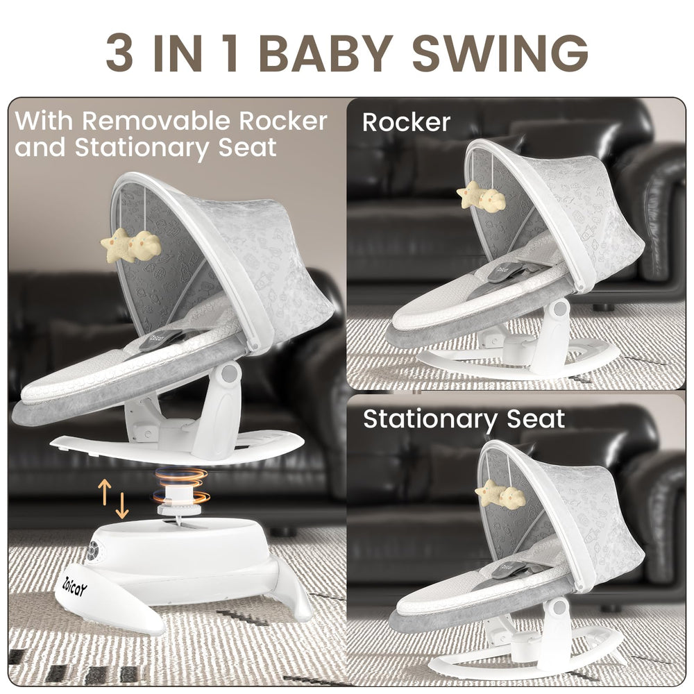 Zoicay baby swing motion-detection demonstrates hands-free soothing when infant moves.