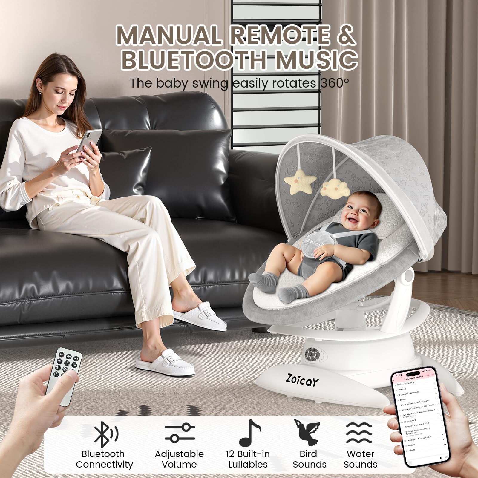 Zoicay Bluetooth music option streams gentle tunes from your device.