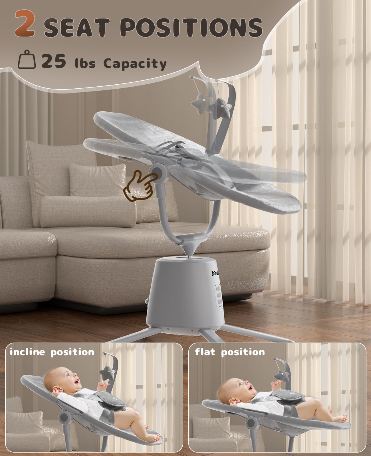 Zoicay lightweight baby swing app control screen showing Bluetooth connectivity.