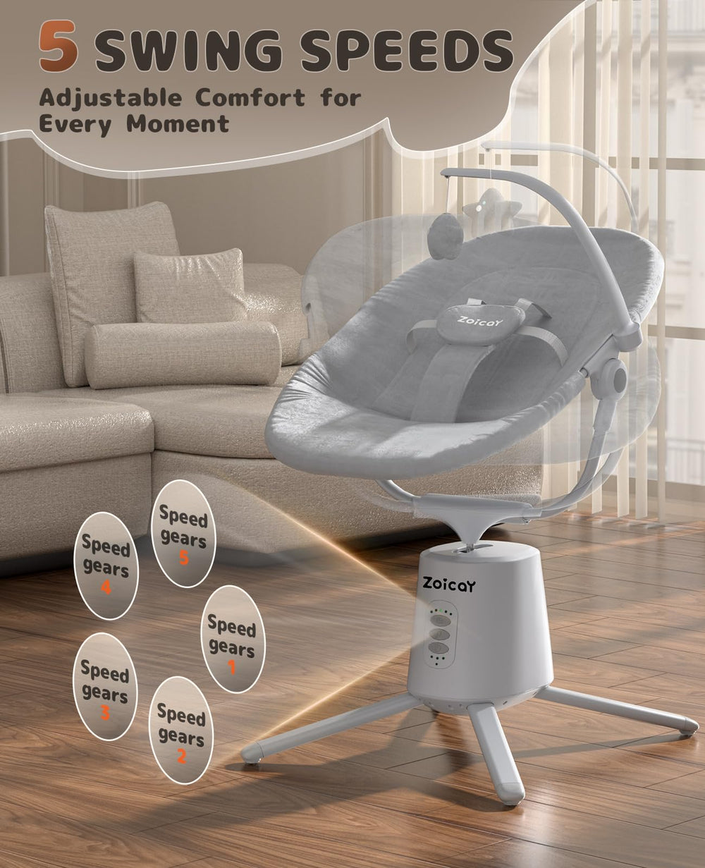 Zoicay lightweight baby swing arc motion left view conveying soothing left arc motion.