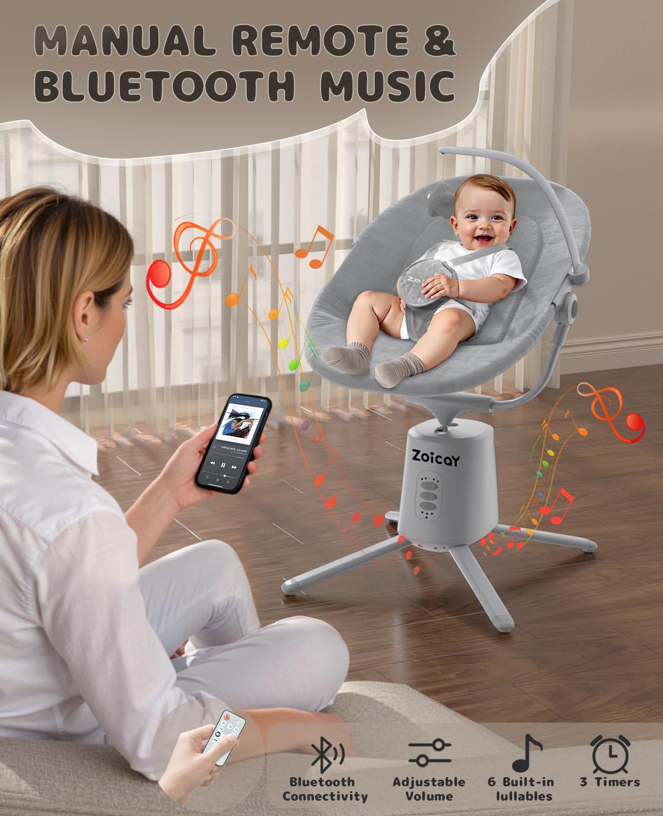 Zoicay lightweight baby swing arc motion right view conveying soothing right arc motion.