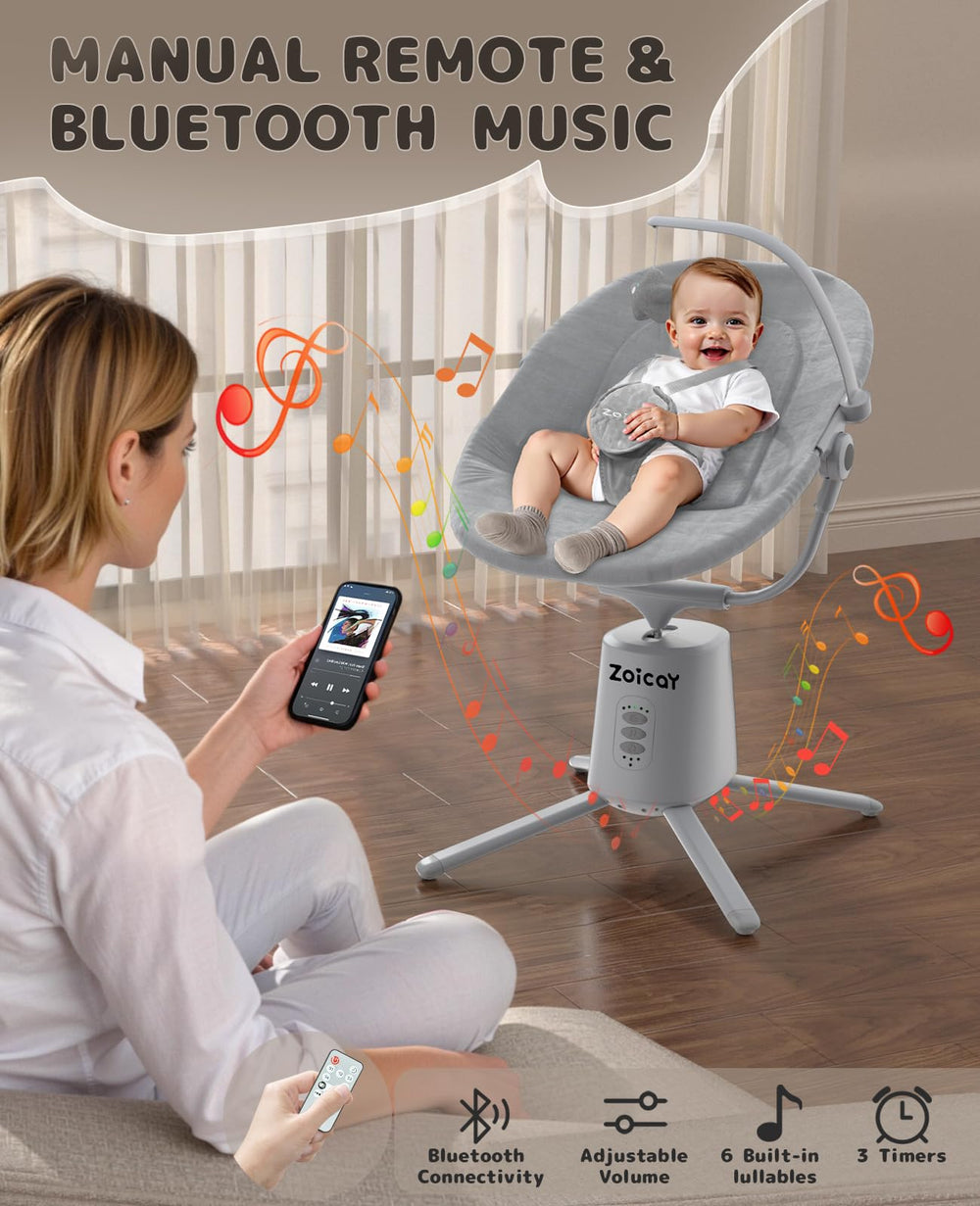 Zoicay lightweight baby swing arc motion right view conveying soothing right arc motion.