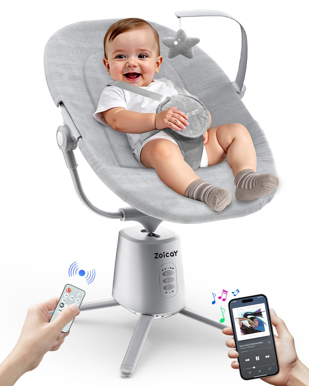 Zoicay lightweight baby swing front view showing compact design for small spaces.
