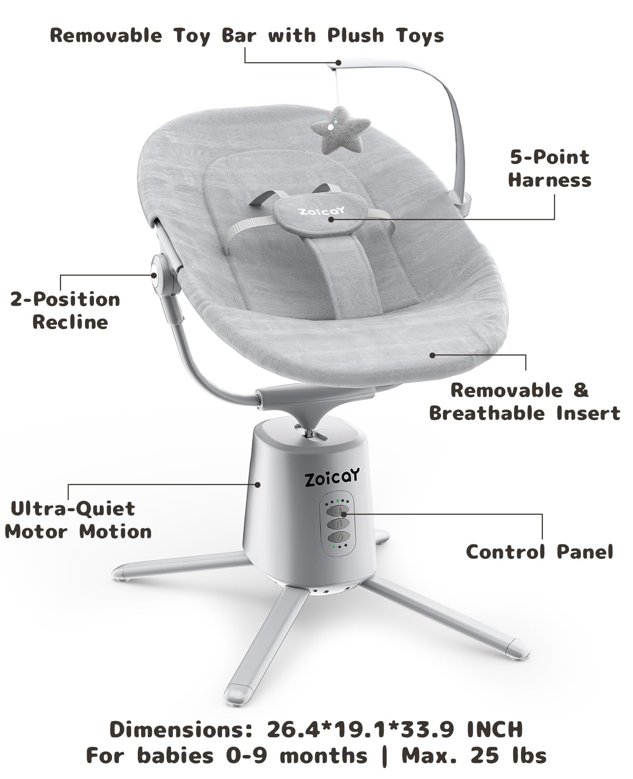 Zoicay lightweight baby swing with 5-point harness and reclining seat for secure comfort.