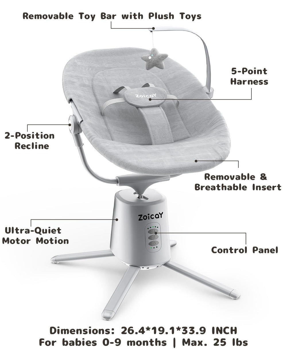 Zoicay lightweight baby swing with 5-point harness and reclining seat for secure comfort.
