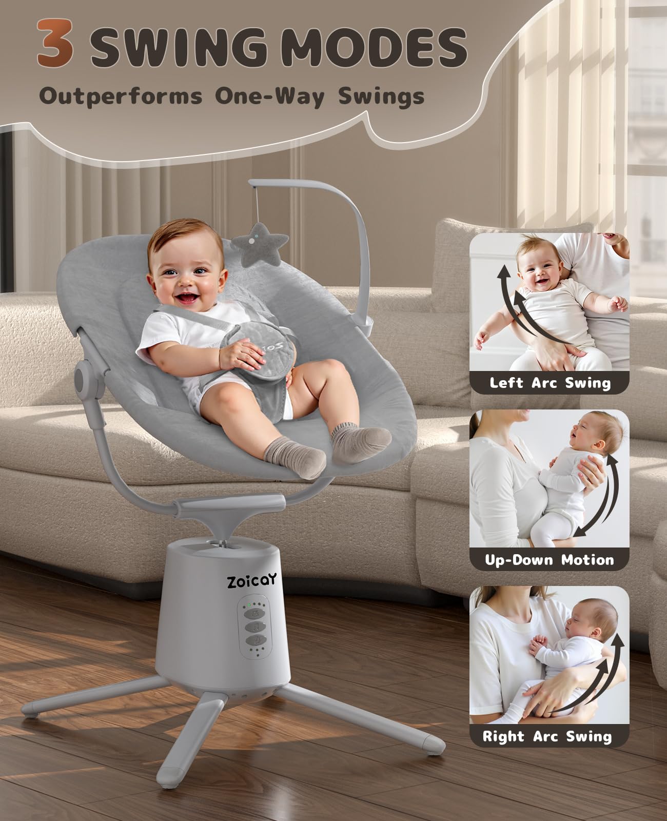 Zoicay lightweight baby swing side view highlighting ergonomic seat and secure harness.