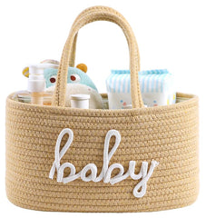 ZOMBATI diaper caddy tan front view shows portable nursery storage for changing tables.