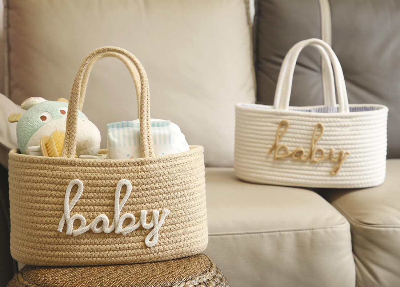 ZOMBATI tan nursery storage blends with decor and adds functional style.