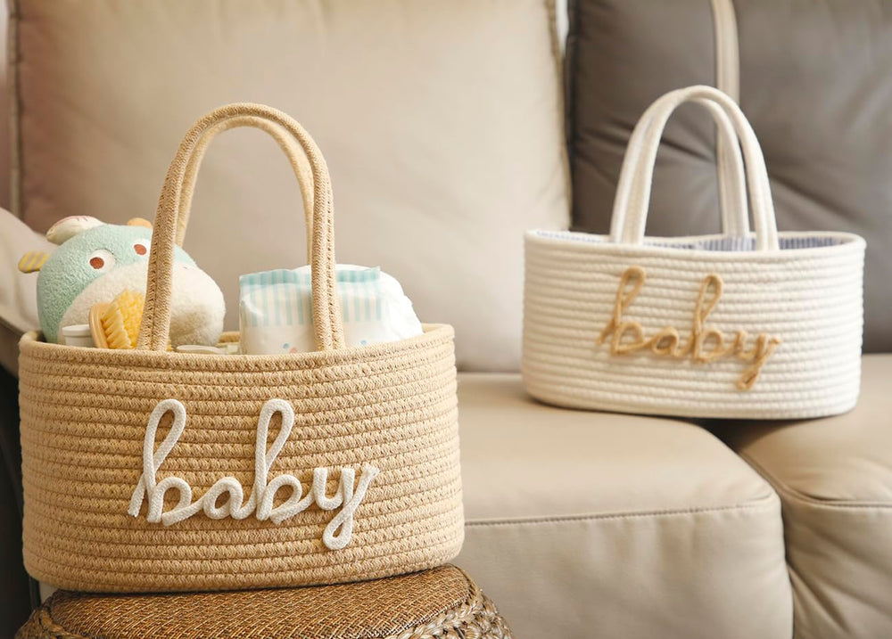 ZOMBATI tan nursery storage blends with decor and adds functional style.