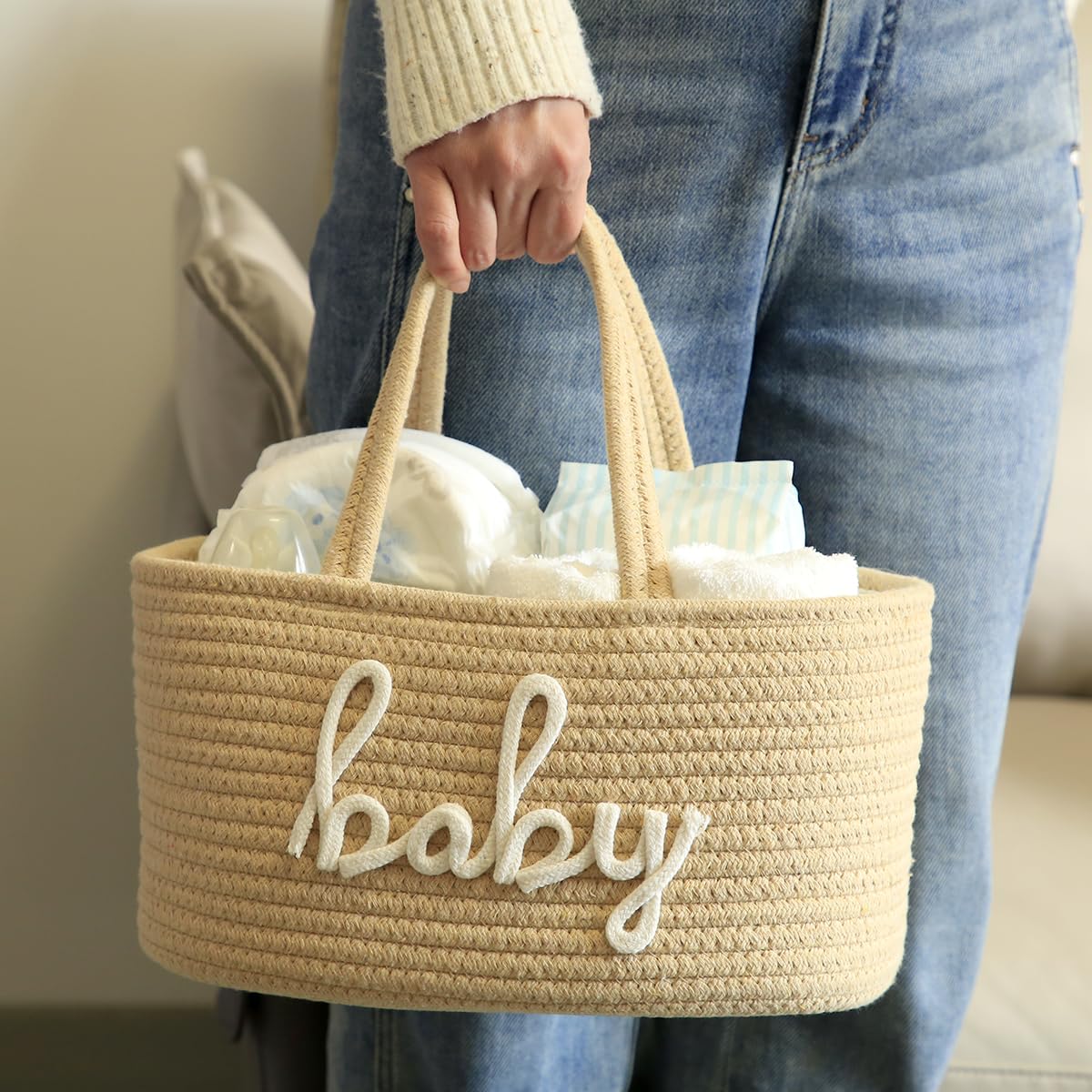 ZOMBATI nursery storage caddy highlights three compartments for organized baby essentials.