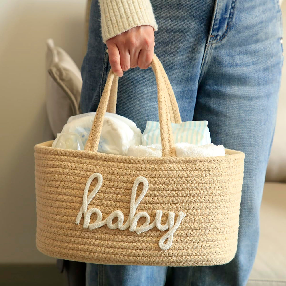 ZOMBATI nursery storage caddy highlights three compartments for organized baby essentials.