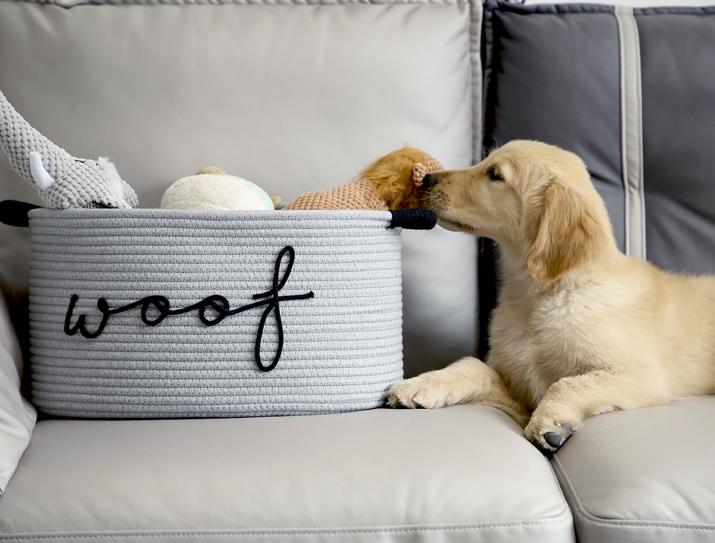 ZOMBATI Woof Dog Basket in neutral grey-white-beige matches modern decor.