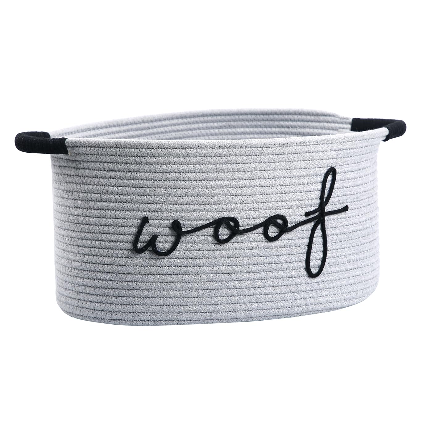 ZOMBATI Woof Dog Basket front view highlighting durable cotton rope for tidy toy storage.