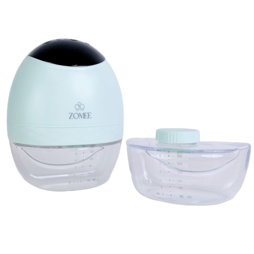 Zomee bottle shows clear volume markings for easy milk tracking.